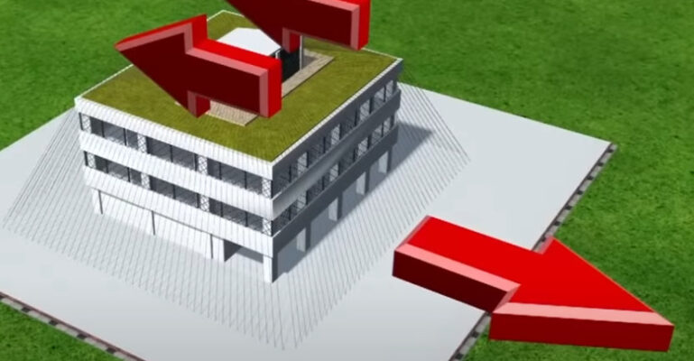 các dây cáp sẽ kéo tòa nhà theo các hướng để triệt tiêu lực của địa chấn